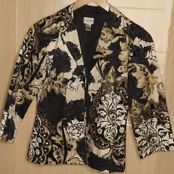 Chico's Silk Blend Tan Black Paisley Sequin Floral Blazer Medium - Picture 1 of 7